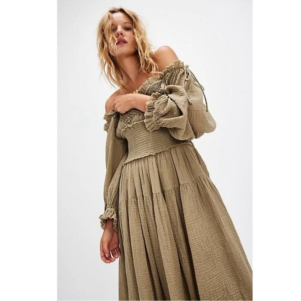 Free People Bohemian Witchy Gypsy Midi Maxi Gauze Dress Olive Small Renaissance - Picture 4 of 14